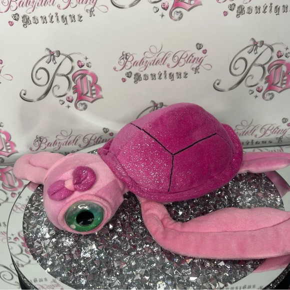 Big eyed pink sea turtle sparkly adorable bow tie on head plush  stuffed toy - Picture 7 of 14